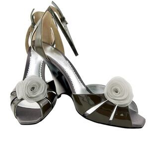 New Giorgio Armani Women US 9 Shoes High Heel Gray Patent Leather Wedge Sandals